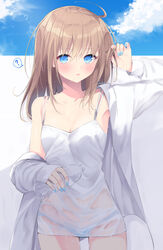  ? bad_id bad_twitter_id blue_eyes blush breasts brown_hair cleavage cowboy_shot female highres long_hair looking_at_viewer nail_polish original sasahara_wakaba shirt small_breasts solo spoken_question_mark white_shirt 