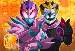  2boys animal_hood aqua_bodysuit aqua_gloves armor extra_eyes gloves glowing glowing_eyes henshin_pose highres hood kamen_rider kamen_rider_revi kamen_rider_revice kamen_rider_vice lion lion_genome male_focus miyabi_(037) multicolored_clothes multicolored_gloves multiple_boys pink_armor pink_gloves pose red_armor red_eyes splatter stamp_mark thumbs_up tokusatsu vistamp yellow_eyes 