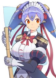  absurdres android apron breasts female highres joints large_breasts maid maid_apron maid_headdress medaman poppi_(xenoblade) poppi_qt_(xenoblade) purple_hair red_eyes robot_ears robot_joints simple_background solo white_apron white_background xenoblade_chronicles_(series) xenoblade_chronicles_2 