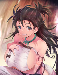  1boy asahi_(fullmetal_madness) bare_shoulders body_markings breasts brown_eyes brown_hair dress facial_mark fate/grand_order fate_(series) female forehead forehead_mark grin himiko_(fate) himiko_(first_ascension)_(fate) huge_breasts implied_paizuri jewelry long_hair looking_at_viewer magatama magatama_necklace necklace sash side_slit sideboob smile solo_focus straight topknot twintails white_dress 