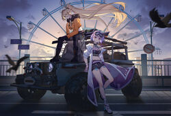  2girls absurdres bird_request black_footwear black_pants black_shorts blonde_hair boots breasts car chinese_commentary coat commentary_request crop_top cropped_jacket ferris_wheel fresnel_(neural_cloud) full_body fysc girls&#039;_frontline girls&#039;_frontline_neural_cloud goggles goggles_on_head highres jacket lamppost long_hair looking_at_viewer medium_breasts midriff motor_vehicle multiple_girls navel open_clothes open_jacket open_mouth orange_jacket pants purple_eyes purple_hair road road_sign see-through shirt short_hair shorts sign small_breasts smile sol_(neural_cloud) street vehicle_request very_long_hair white_coat white_footwear white_shirt yellow_eyes 