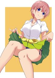  blue_eyes blue_panties border breasts closed_mouth clothes_around_waist clothes_lift collared_shirt earrings female go-toubun_no_hanayome green_skirt hair_between_eyes invisible_chair jewelry large_breasts lifting_own_clothes looking_at_viewer mirai_denki nakano_ichika outside_border panties pantyshot pink_hair pleated_skirt school_uniform shirt short_hair short_sleeves side-tie_panties sitting skirt skirt_lift smile solo stud_earrings sweater sweater_around_waist underwear white_border white_shirt yellow_background yellow_sweater 