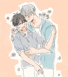  2boys aqua_hoodie bad_id bad_pixiv_id beige_background blue-framed_eyewear closed_eyes closed_mouth collarbone collared_shirt colored_eyelashes commentary_request dot_nose fingernails floral_background flower glasses grey_hair grey_shirt hand_on_another&#039;s_shoulder hand_on_another&#039;s_stomach hand_up head_kiss height_difference hood hood_down hoodie husband_and_husband ima_(minitomato123) jewelry katsuki_yuuri kissing laughing light_blush male_focus multiple_boys open_mouth orange_flower outline over-rim_eyewear pants partial_commentary partially_unbuttoned pastel_colors pink_flower polo_shirt purple_flower raised_eyebrows ring semi-rimless_eyewear shirt side-by-side simple_background sleeves_rolled_up smile swept_bangs upper_body viktor_nikiforov wedding_ring white_background white_pants white_shirt yaoi yellow_flower yuri!!!_on_ice 