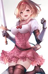  :d arm_guards bad_id bad_twitter_id blush bob_cut boots breasts brown_eyes brown_gloves brown_hair collarbone covered_nipples djeeta_(granblue_fantasy) elbow_gloves female fighter_(granblue_fantasy) gloves granblue_fantasy hair_intakes hairband high-waist_skirt highres holding holding_sword holding_weapon jumping looking_at_viewer medium_breasts open_mouth pink_skirt puffy_short_sleeves puffy_sleeves red_hairband red_ribbon ribbon sheath shirt short_hair short_sleeves simple_background skirt smile snm_(sunimi) solo swept_bangs sword thigh_boots thighhighs weapon white_background white_shirt zettai_ryouiki 