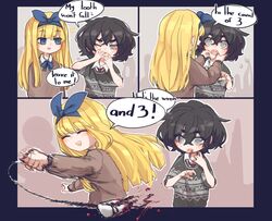  2girls :d black_hair blind blind_girl_(popopoka) blonde_girl_(popopoka) blonde_hair blood blue_border blue_bow blue_eyes blue_neckwear blue_ribbon blush border bow bow_hairband brown_sweater commentary english_commentary english_text finger_in_another&#039;s_mouth flying_sweatdrops freckles grey_eyes grey_sweater hairband hairbow highres long_hair long_sleeves medium_hair motion_blur multiple_girls neck_ribbon necktie notice_lines open_mouth original outside_border popopoka red_necktie ribbon russian_text school_uniform smile spoken_flying_sweatdrops string sweater teeth tooth_pulling wide-eyed 