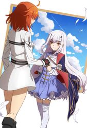  2girls ahoge arm_behind_back black_footwear black_gloves blue_cape blue_dress blue_sky blush breasts brown_eyes cape cloud command_spell commentary dress fate/grand_order fate_(series) feathers flower forked_eyebrows frills fujimaru_ritsuka_(female) fujimaru_ritsuka_(female)_(decisive_battle_chaldea_uniform) gloves holding_hands kneepits long_hair long_sleeves looking_at_another medium_breasts medium_hair melusine_(fate) melusine_(second_ascension)_(fate) multiple_girls oiun orange_hair red_flower red_rose rose short_hair sidelocks sky small_breasts smile thighhighs thighs white_dress white_feathers white_flower white_hair white_rose white_thighhighs yuri zettai_ryouiki 