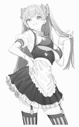  apron bad_id bad_pixiv_id blush bow breasts commentary contrapposto female fingernails frills garter_belt greyscale hairbow hand_in_own_hair hand_on_own_hip heart highres kona_ming lina_(michihasu) long_hair maid maid_apron monochrome original puffy_sleeves simple_background skindentation smile solo striped_bow striped_clothes striped_thighhighs teeth thighhighs twintails white_background zettai_ryouiki 