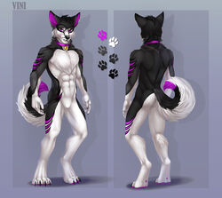  2021 4_toes 5_fingers abs anthro black_body black_fur canid canine canis digital_media_(artwork) domestic_dog elvofirida feet fingers fur husky male mammal model_sheet nordic_sled_dog purple_eyes solo spitz toes white_body white_fur 