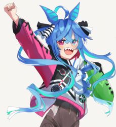  @_@ ahoge animal_ears arm_up black_nails blue_eyes blue_hair bodysuit clenched_hand crossed_bangs female grey_background heterochromia highres hood hood_down hoodie horse_ears horse_girl inapple long_hair long_sleeves open_mouth red_eyes sharp_teeth simple_background smile stuffed_animal stuffed_rabbit stuffed_toy teeth twin_turbo_(umamusume) twintails umamusume upper_body upper_teeth_only 