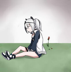  :| animal_ears arknights bare_legs bear_girl between_legs black_footwear black_hair black_shorts breasts caibao_return chinese_commentary closed_mouth commentary_request day english_commentary exhentai eyewear_on_head feater_(arknights) female flower from_side hand_between_legs jacket letterman_jacket long_hair long_sleeves looking_down mixed-language_commentary multicolored_hair on_grass on_ground outdoors panda_ears parody popped_collar red_flower sad sad_panda shorts sitting solo streaked_hair sunglasses twintails white_footwear white_hair |_| 