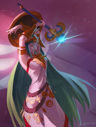  ancient_greek_clothes armlet artist_name bare_shoulders breasts chiton closed_eyes collar dress female forehead_jewel gold greco-roman_clothes green_eyes green_hair highres jewelry kid_icarus kid_icarus_uprising laurel_crown long_dress long_hair neck_ring necklace palutena parted_bangs pendant solo spiffydc strapless strapless_dress twitter_username vambraces very_long_hair white_dress 