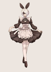  2b_(nier:automata) absurdres animal_ears black_blindfold black_dress blindfold bow breasts brown_footwear cleavage cleavage_cutout closed_mouth clothing_cutout covered_eyes cropped dress fake_animal_ears female frills full_body grey_background highres maid maid_headdress mole mole_under_mouth nier:automata nier_(series) puffy_sleeves short_hair simple_background solo subakeye white_bow white_hair white_legwear 