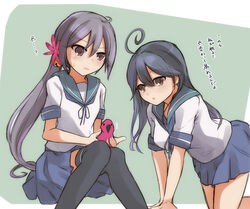  2girls ahoge akebono_(kancolle) bell black_hair black_thighhighs blue_skirt breasts brown_eyes flower hair_bell hair_between_eyes hair_flower hair_ornament highres jingle_bell kantai_collection large_breasts long_hair looking_at_another meme multiple_girls party_parrot_(meme) pleated_skirt purple_hair school_uniform serafuku short_sleeves side_ponytail sitting skirt thighhighs translated ushio_(kancolle) very_long_hair yankee41 