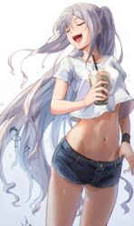  ak-12_(girls&#039;_frontline) alternate_costume braid bubble_tea closed_eyes commentary crop_top cropped_shirt cup denim denim_shorts drinking_straw female french_braid girls&#039;_frontline grey_hair hand_under_clothes hand_under_shorts highres holding holding_cup long_hair midriff navel niac open_mouth ponytail shirt short_shorts short_sleeves shorts sidelocks simple_background smile smug solo standing sweatband teeth upper_teeth_only very_long_hair water_drop white_background white_shirt 