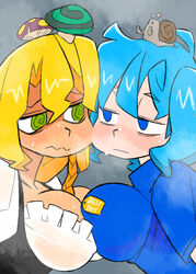  2girls @_@ animal_on_head best_buy blonde_hair blue_eyes blue_hair blue_shirt blush breast_press breasts closed_mouth commentary cookie_(touhou) employee_uniform fuckin_animal green_eyes hair_between_eyes highres kawashiro_nitori kirisame_marisa kofji_(cookie) large_breasts long_hair looking_at_another mars_(cookie) medium_hair middle_finger multiple_girls mushroom mushroom_on_head on_head scotch_(cookie) shirt snail snail_on_head symmetrical_docking touhou uniform upper_body wavy_mouth white_shirt 