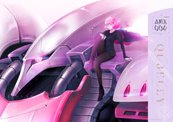  absurdres black_cape black_footwear black_legwear blue_eyes breasts cape female glowing glowing_eye gundam hair_behind_ear haman_karn high_heels highres looking_at_viewer mecha medium_breasts mobile_suit one-eyed pantyhose pink_eyes pink_hair portrait qubeley robot science_fiction shingo_(s405315) short_hair sitting variant_set zeon zeta_gundam 