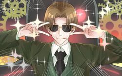  1boy black_necktie brown_hair collared_shirt double_v dress_shirt emotional_engine_-_full_drive fate/grand_order fate_(series) formal gears glowing glowing_eye gradient_background green_suit hands_up highres koha-ace long_sleeves looking_at_viewer male_focus maxwell&#039;s_demon_(fate) monster necktie parody parted_bangs red_eyes shirt short_hair smile solo sparkle suit sunglasses tongue tongue_out tsuyuki_mizore v white_shirt 