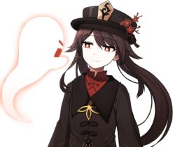  black_hat black_shirt boo_tao_(genshin_impact) brown_hair female flower genshin_impact ghost hat hat_flower highres hu_tao_(genshin_impact) lix_(iroiro3843) long_hair long_sleeves looking_at_another plum_blossoms red_eyes red_shirt shirt smile solo star-shaped_pupils star_(symbol) symbol-shaped_pupils twintails undershirt upper_body 