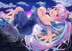  absurdres ahoge blue_dress blue_hair blurry blush breasts building cleavage cloud colored_inner_hair dawn dress earrings female flying hair_ribbon heart heart_necklace highres hololive jewelry lamppost large_breasts long_hair looking_at_viewer mihaeru minato_aqua multicolored_hair necklace neko_(minato_aqua) night night_sky no_socks open_mouth outstretched_arm ponytail purple_eyes purple_hair ribbon ring sky smile streaked_hair sunlight two-tone_hair virtual_youtuber 