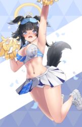  absurdres arm_up armpits bare_legs black_hair blue_archive blue_eyes blush breasts cheerleader cleavage commentary confetti crop_top crying crying_with_eyes_open embarrassed female geomiddang goggles goggles_on_head halo head_wings hibiki_(blue_archive) hibiki_(cheer_squad)_(blue_archive) highres holding jumping large_breasts long_hair looking_at_viewer midair millennium_cheerleader_outfit_(blue_archive) miniskirt navel official_alternate_costume open_mouth panties pantyshot pom_pom_(cheerleading) shoes skirt sneakers solo stomach tail tears underwear upskirt white_footwear white_panties white_skirt wings yellow_halo 