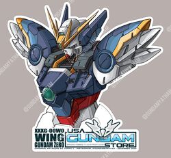  artist_name english_commentary green_eyes grey_background gundam gundam_wing gundam_wing_endless_waltz gundamyatham highres looking_down mecha no_arms no_humans robot science_fiction solo sticker upper_body usa_gundam_store v-fin watermark wing_gundam_zero_custom 