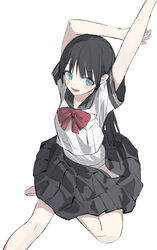  :d absurdres akebi-chan_no_serafuku akebi_komichi arms_up barefoot black_hair black_sailor_collar black_skirt blue_eyes bow breasts chinese_commentary commentary feet_out_of_frame female highres looking_at_viewer open_clothes open_skirt panties pleated_skirt qtian red_bow sailor_collar school_uniform serafuku shirt simple_background skirt small_breasts smile solo stretching underwear white_background white_panties white_shirt 