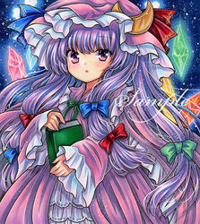  :o blue_background blue_bow blue_ribbon blush book bow commentary crescent crescent_hat_ornament crystal dot_nose dress female frilled_hat frills green_ribbons hair_ribbon hairbow hat hat_ornament hat_ribbon holding holding_book long_hair long_sleeves looking_at_viewer marker_(medium) mob_cap neck_ribbon night night_sky parted_lips patchouli_knowledge philosopher&#039;s_stone purple_dress purple_eyes purple_hair purple_hat red_bow red_ribbon ribbon rui_(sugar3) sample_watermark shikishi sidelocks sky solo star_(sky) starry_sky touhou traditional_media tress_ribbon upper_body very_long_hair watermark wide_sleeves 