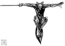  2018 android anthro biped black_and_white canid canine dated digitigrade fox front_view glistening glistening_arms glistening_heart glistening_tail holding_melee_weapon holding_object holding_sword holding_weapon machine male mammal melee_weapon monochrome muscular muscular_anthro muscular_male robot signature skyelegs solo spread_fingers sword weapon 