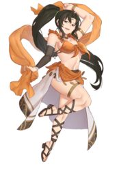  :d asymmetrical_sleeves belly_chain black_hair bra breasts circlet dancer detached_sleeves ebinku female fire_emblem fire_emblem:_genealogy_of_the_holy_war grey_eyes highres jewelry laylea_(fire_emblem) leg_up long_hair looking_at_viewer medium_breasts midriff navel ponytail revealing_clothes sandals showgirl_skirt simple_background single_detached_sleeve smile solo underwear very_long_hair white_background 