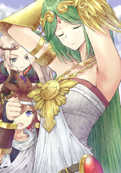  1boy 2girls ancient_greek_clothes angel aramachi armlet armpits arms_up bare_shoulders blonde_hair blue_eyes breast_envy breast_focus breasts brown_hair bust_measuring chains chiton circlet closed_eyes collarbone commentary_request dress forehead_jewel gold gold_chain greco-roman_clothes green_hair highres jewelry kid_icarus kid_icarus_uprising large_breasts laurel_crown long_dress long_hair measuring multiple_girls neck_ring necklace palutena parted_bangs pendant pit_(kid_icarus) strapless strapless_dress vambraces very_long_hair viridi white_dress 