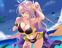  azur_lane beach bikini black_bikini blue_sky breasts choker day female frilled_bikini frills grenville_(azur_lane) highres large_breasts long_hair navel one_eye_closed outdoors purple_hair red_eyes side_ponytail sky smile solo swimsuit tonchinkan 