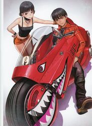  1boy absurdres akira_(manga) bare_shoulders black_eyes black_footwear black_hair black_pants black_shirt boots breasts cleavage closed_mouth female halterneck hand_on_own_hip highres jacket jewelry kaneda_shoutarou&#039;s_bike kaneda_shoutarou_(akira) kei_(akira) leaning_forward long_sleeves looking_at_viewer midriff motor_vehicle motorcycle murata_range navel necklace non-web_source on_motorcycle open_clothes open_jacket orange_shorts pants parted_lips red_jacket shirt shoes short_hair shorts simple_background sitting smile standing zipper zipper_pull_tab 