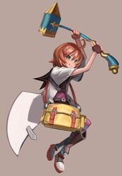  absurdres ahoge bad_id bad_twitter_id bag closed_mouth dr_watsonspcbt english_commentary female full_body green_eyes hair_between_eyes hammer highres holding holding_hammer holding_weapon medic_(sekaiju) medic_2_(sekaiju) orange_hair sekaiju_no_meikyuu sekaiju_no_meikyuu_1 shin_guards shoes short_hair simple_background smile solo striped_clothes striped_thighhighs tan_background thighhighs two-handed weapon 