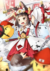  :d animal_ear_fluff animal_ears arms_up azur_lane banner bell bird black_hair black_legwear blurry blurry_foreground blush chains chick commentary_request cowboy_shot detached_sleeves female flat_chest fox_ears hair_ornament hat helmet highres holding holding_sword holding_weapon japanese_clothes jewelry katana kimono looking_to_the_side magatama_print manjuu_(azur_lane) minase_tamaki mutsu_(azur_lane) mutsu_(warring_states_warship)_(azur_lane) necklace open_mouth photoshop_(medium) red_skirt ribbon-trimmed_sleeves ribbon_trim rice_hat sakuramon sheath sheathed short_hair short_sleeves sidelocks skirt smile solo_focus standing sword teeth thighhighs upper_teeth_only weapon white_background white_kimono white_sleeves wide_sleeves yellow_eyes zettai_ryouiki 