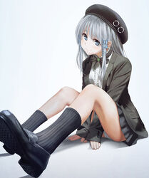  between_legs black_footwear black_hat blue_eyes blue_ribbon blush bow bowtie closed_mouth dress_shirt female grey_bow grey_bowtie grey_hair grey_jacket grey_skirt grey_socks hair_ribbon hand_between_legs hat jacket kurono_mitsuki long_hair long_sleeves miniskirt open_clothes open_jacket original panties pantyshot pleated_skirt ribbon shirt simple_background sitting skirt sleeves_past_wrists smile socks solo underwear white_background white_panties white_shirt 