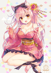  :d ameto_yuki animal_ear_fluff animal_ears bare_shoulders barefoot black_bow bow breasts brown_eyes cat_ears cat_girl cat_tail cleavage collarbone commentary_request female flower frilled_kimono frills full_body hair_between_eyes hair_bun hair_flower hair_ornament hairbow hands_up highres japanese_clothes kimono large_breasts long_hair long_sleeves looking_at_viewer macaron_(ameto_yuki) medium_breasts obi off_shoulder open_mouth original pinching_sleeves pink_flower pink_hair pink_kimono sash single_hair_bun single_side_bun sleeves_past_wrists smile solo tail very_long_hair wide_sleeves 