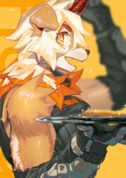  1boy ahonobo animal_ears arknights bare_shoulders black_shirt blurry blurry_background blush brown_fur detached_sleeves dog_boy dog_ears from_side furry furry_male highres holding holding_plate horns hung_(arknights) looking_at_viewer male_focus medium_hair multicolored_hair orange_eyes orange_hair pectorals plate shirt single_horn sleeveless sleeveless_shirt streaked_hair toned toned_male two-tone_fur upper_body white_fur white_hair yellow_eyes 