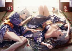  2girls ai_(re:lief) bare_legs barefoot blue_eyes breasts cleavage closed_mouth grey_hair hair_between_eyes indoors japanese_clothes kimono kurono_mitsuki long_hair long_sleeves looking_at_viewer lying medium_hair multiple_girls off_shoulder on_back on_side open_mouth petals purple_kimono re:lief_~shin&#039;ai_naru_anata_e~ side_ponytail small_breasts tatami very_long_hair white_hair wide_sleeves yuu_(re:lief) 