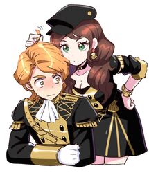  1boy bad_id bad_twitter_id black_headwear blush breasts brown_hair choker cleavage collarbone cropped_legs dede_(qwea_00000) dorothea_arnault earrings female ferdinand_von_aegir fire_emblem fire_emblem:_three_houses garreg_mach_monastery_uniform gloves green_eyes hand_in_another&#039;s_hair jewelry orange_hair sweat white_gloves yellow_eyes 