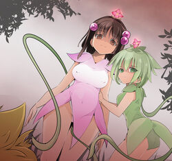  2girls alraune ass blonde_hair breasts brown_hair commentary_request covered_navel covered_nipples flower flower_on_head green_eyes green_hair hair_bobbles hair_flower hair_ornament large_breasts looking_at_viewer medium_hair monster_girl monsterification multiple_girls name_john no_pupils outdoors plant plant_girl reala_(tales) sleeveless standing tales_of_(series) tales_of_destiny_2 vines 