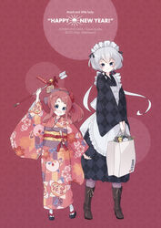  2girls age_difference aged_down arrow_(projectile) bag blue_eyes boots bow commentary_request cross-laced_footwear flower full_body hair_flower hair_ornament hairbow hamaya happy_new_year haya_bs height_difference high_ponytail highres japanese_clothes kimono knee_boots konno_junko lace-up_boots long_hair looking_at_viewer low_twintails maid minamoto_sakura multiple_girls new_year obi okobo paper_bag pink_kimono platform_footwear polka_dot polka_dot_bow red_hair sandals sash twintails wa_maid white_hair wide_sleeves zombie_land_saga 