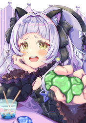  absurdres animal_ears arched_bangs blush bow breasts drink feeding female food gothic_lolita grey_hair hair_ornament hairband hat head_rest highres hololive lolita_fashion long_hair long_sleeves looking_at_viewer mihaeru murasaki_shion murasaki_shion_(gothic_lolita) open_mouth shirt slime_(substance) smile solo striped twintails upper_body virtual_youtuber witch_hat yellow_eyes 