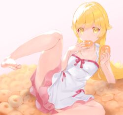  absurdres bakemonogatari bare_legs bare_shoulders barefoot blonde_hair doughnut dress eating feet female food highres holding holding_food long_hair looking_at_viewer monogatari_(series) oshino_shinobu pink_skirt skirt spread_legs toes usagiplanet7 white_dress yellow_eyes 