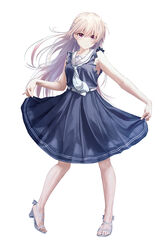  bare_arms berkut_(girly_air_force) blue_dress braid brown_eyes closed_mouth dress earrings female floating_hair full_body girly_air_force jewelry kurono_mitsuki long_hair looking_at_viewer medium_dress neckerchief pleated_dress sailor_collar sailor_dress see-through simple_background skirt_hold sleeveless sleeveless_dress smile solo sparkle standing striped_neckerchief very_long_hair white_background white_hair white_neckerchief white_sailor_collar 