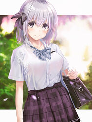  bag black_bow blurry blurry_background blush bow bowtie closed_mouth collared_shirt dakikano dress_shirt female grey_bow grey_bowtie grey_eyes grey_hair hair_between_eyes hairbow kohinata_yuina kurono_mitsuki looking_at_viewer medium_hair miniskirt outdoors plaid plaid_skirt pleated_skirt purple_skirt school_bag shirt short_sleeves skirt smile solo standing striped_bow striped_bowtie striped_clothes white_shirt wing_collar 