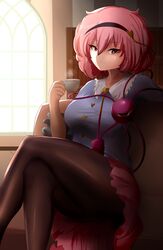  alternate_breast_size black_pantyhose bookshelf breasts couch crossed_legs cup female hairband heart highres komeiji_satori legs medium_breasts pantyhose pink_hair pink_skirt red_eyes sana!rpg short_hair sitting skirt solo teacup third_eye touhou 