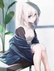  black_sleeves closed_mouth collarbone feet_out_of_frame female hair_between_eyes indoors kurono_mitsuki long_hair original purple_eyes shirt shorts sitting smile solo sunlight white_hair white_shirt 