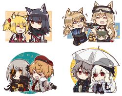  &gt;_&lt; 6+girls animal_ear_fluff animal_ears arknights beret black_gloves black_jacket blonde_hair braid brown_hair canine cat_ears character_request cheschorv closed_eyes closed_mouth commentary doctor_(arknights) english_commentary expressionless eyepatch female_commander_(girls&#039;_frontline) girls&#039;_frontline gloves goggles goggles_on_head grey_hair griffin_&amp;_kryuger_military_uniform hair_between_eyes hair_ornament hat highres holding holding_weapon idw_(girls&#039;_frontline) idw_(mod3)_(girls&#039;_frontline) jacket long_hair long_sleeves m16a1_(boss)_(girls&#039;_frontline) m16a1_(girls&#039;_frontline) m500_(girls&#039;_frontline) m500_(mod3)_(girls&#039;_frontline) multicolored_hair multiple_girls necktie official_alternate_costume open_mouth orange_eyes orange_hair scar shirt short_hair simple_background smile sora_(arknights) specter_(arknights) specter_(undercurrent)_(arknights) star_(symbol) streaked_hair texas_(arknights) transparent transparent_umbrella twintails umbrella upper_body weapon white_background white_hair white_jacket wolf_ears 