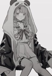  animal_hood bad_id bad_twitter_id braid expressionless eyebrows_hidden_by_hair female grey_background greyscale highres hood kuraan looking_at_viewer monochrome nijisanji panda_hood pleated_skirt sasaki_saku sasaki_saku_(6th_costume) school_uniform serafuku sitting skirt sleeves_past_fingers sleeves_past_wrists solo twin_braids virtual_youtuber 