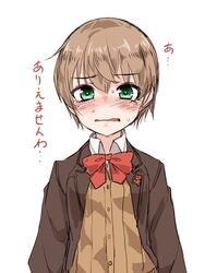  alternate_hair_length alternate_hairstyle blazer bow bowtie brown_hair brown_jacket cardigan commentary crying crying_with_eyes_open female green_eyes highres hourai_kochou jacket kantai_collection kumano_(kancolle) kumano_kai_ni_(kancolle) looking_at_viewer red_bow red_bowtie school_uniform short_hair simple_background solo tears translated white_background 